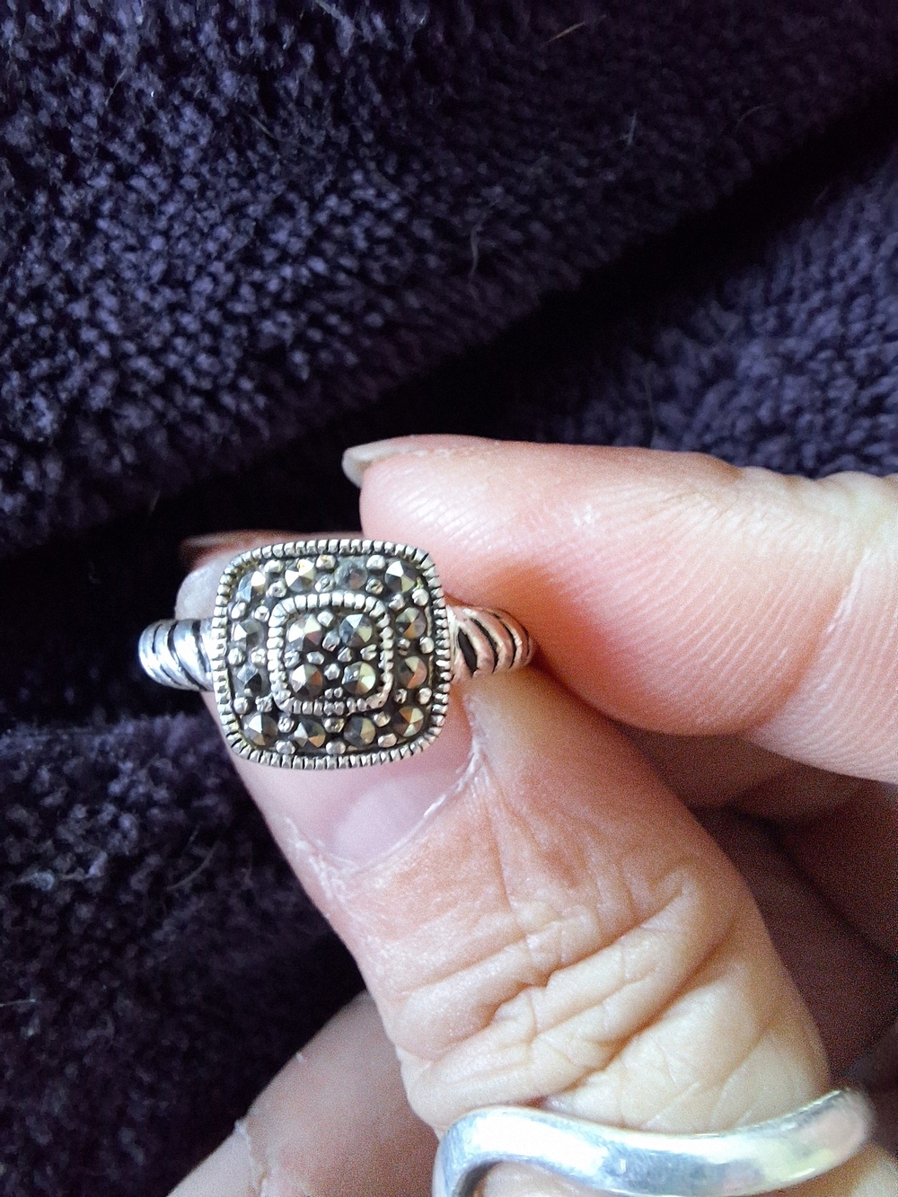 Sterling Silver Marcasite Square Cluster Ring - Silver